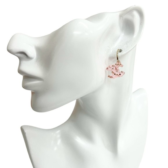 CHANEL Coco Mark Rhinestone Earrings for Women Clear Pink Gold 53819